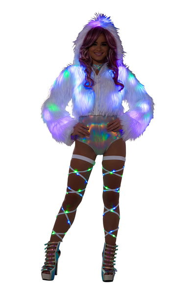 White Light Up Fur Hooded Cropped Jacket