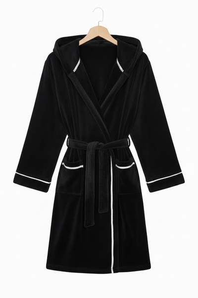 black plush robe with white trim