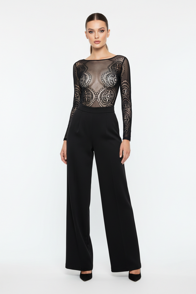 Black lace bodysuit with long sleeves on a white background