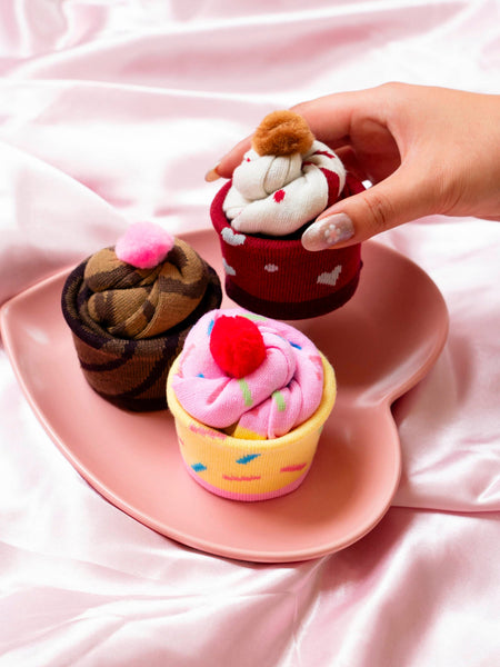 Three cupcake-shaped socks, perfect gift set