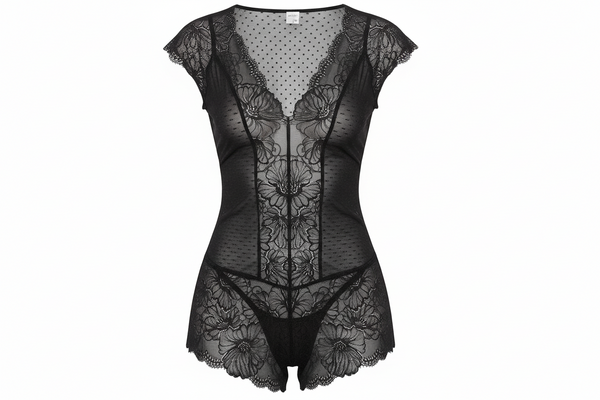 Black lace lingerie set on a white background
