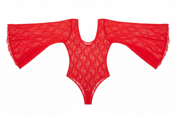 Red Lace Bodysuit With Bell Sleeves