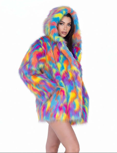 J.valentine Colorful Hooded Faux Fur Coat melted crayon
