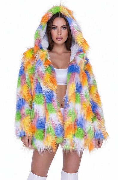 J.valentine Colorful Hooded Faux Fur Coat Orange Soda