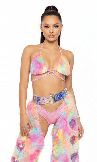 Model wearing a colorful outfit with a tie-dye pattern chaps and top, JValentine
