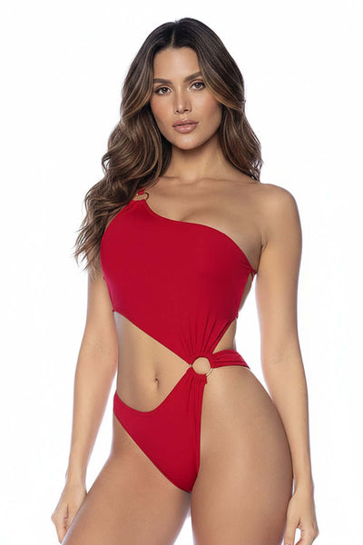 Barcelona Red Cut Out One Piece Swimsuit, Beach Resorts Vacation Swimwear