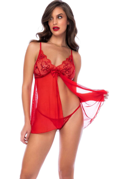 Red sequins floral babydoll set