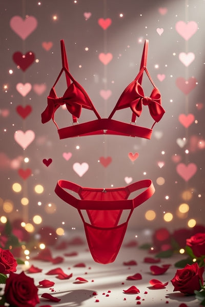 Red lingerie set with heart-shaped lights and roses on a romantic Mapale 