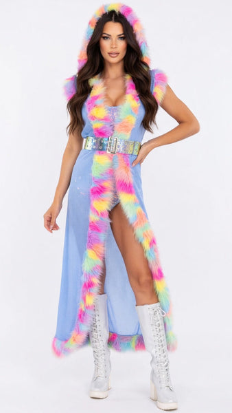 Pastel Fishnet Duster with Faux Fur Trim