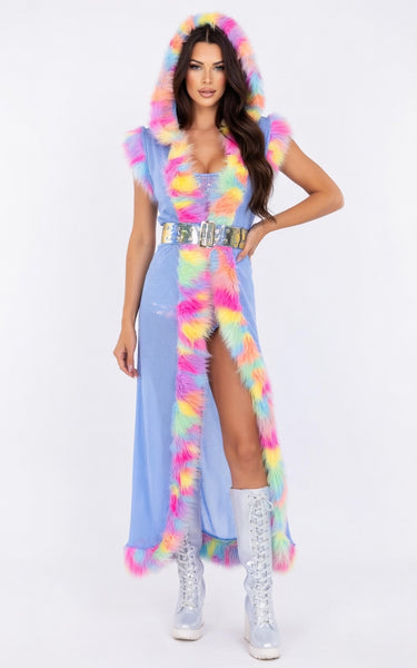 Pastel Fishnet Duster with Faux Fur Trim