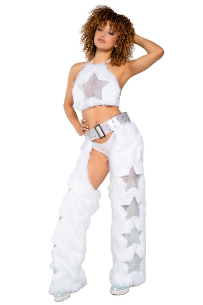 white faux fur chaps outfit with star patterns on a white background JValentine Clothing