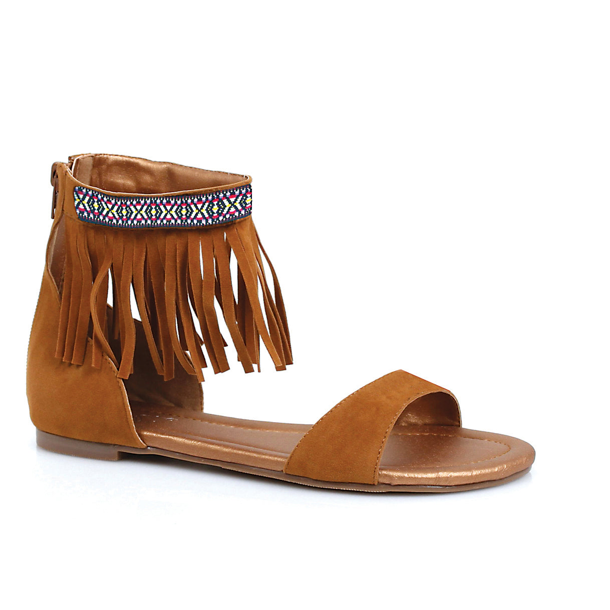 Tribal fringe native flat sandal with embroidered details