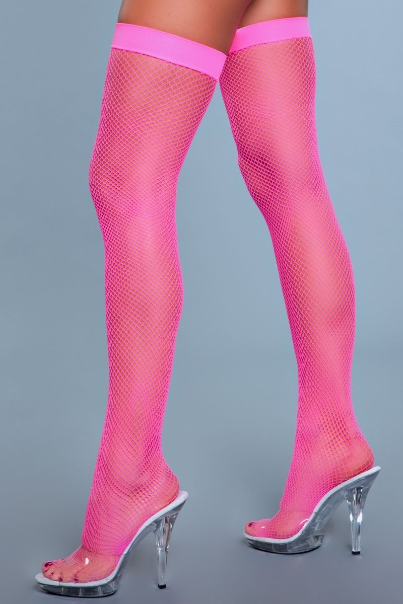 Nylon Fishnet Thigh Highs Neon Pink