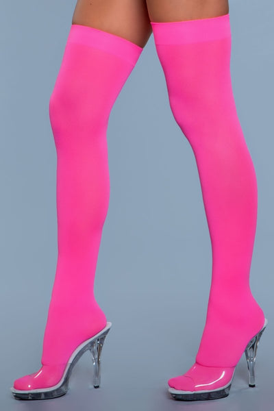 Opaque Nylon Thigh Highs Neon Pink