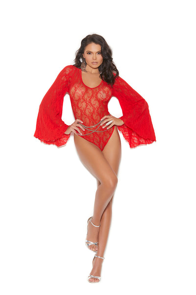 Red Lace Bodysuit With Bell Sleeves