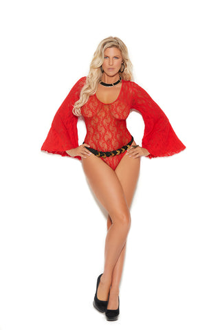 Red Lace Bodysuit With Bell Sleeves