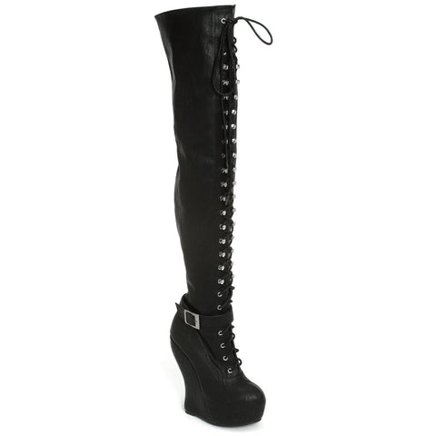 Knee High Lace Up Curve Wedge Boot