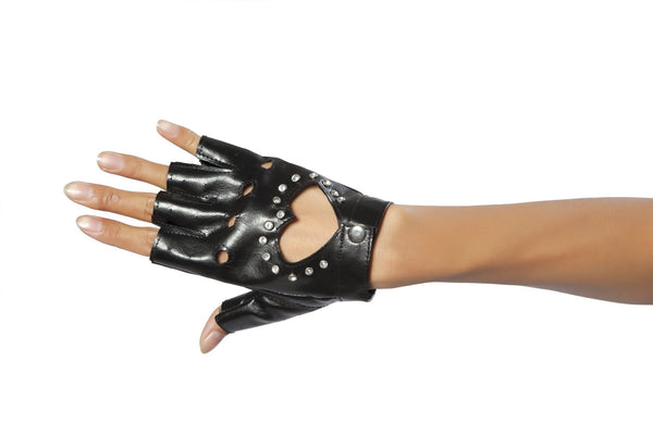 Black Gloves with Cut-out Heart and Stones