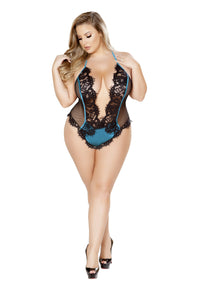 Black/Blue One Piece V-Shaped Eyelash Lace and Satin Teddy with Snap Bottom