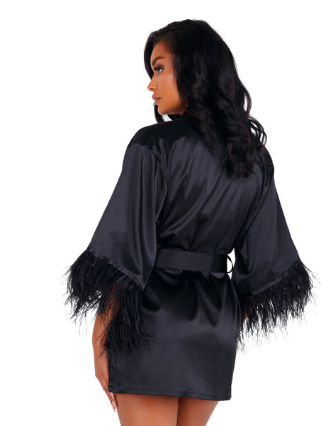 Soft Satin Robe with Ostrich Feathered Trim