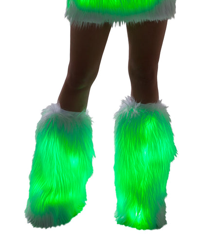 White Fur Light-up Legwarmers with Green lights