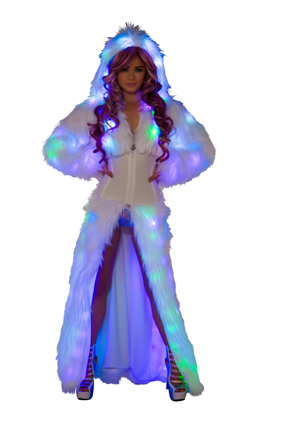 Flashing Light-Up White Faux Fur Hooded Coat