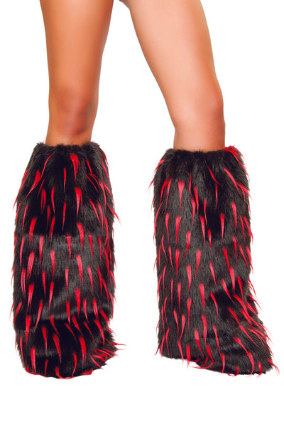 Faux Fur Black and Red Spike Leg Warmers